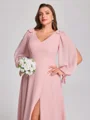 A-line kjole V-hals Lange ermer Bue Gulvlengde Chiffong Plus Size Brudepikekjoler