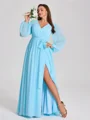 A-line kjole V-hals Lange ermer Sash/Bånd/Belte Gulvlengde Chiffong Plus Size Brudepikekjoler