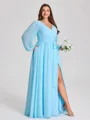 A-line kjole V-hals Lange ermer Sash/Bånd/Belte Gulvlengde Chiffong Plus Size Brudepikekjoler