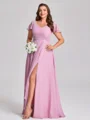 A-line kjole V-hals Kortermer Volanger Gulvlengde Chiffong Plus Size Brudepikekjoler