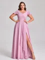 A-line kjole V-hals Kortermer Volanger Gulvlengde Chiffong Plus Size Brudepikekjoler