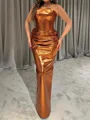 Sheath Rett Plissert Gulvlengde Metallic Satin Kjole