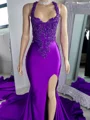 Sheath Halterneck Applikasjoner Blonder Kapell Slep Silkeeaktig Sateng Kjole