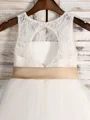 A-line kjole Scoop Te-Lengde Tyll Blomsterjente Kjolees Med Belte/Sash