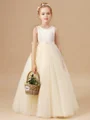 A-line kjole Scoop Gulvlengde Tyll Blomsterjente Kjolees Med Belte/Sash