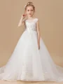 Ballkjole/Prinsesse Scoop Sweep/Børste train Tyll Blomsterjente Kjolees Med Applikasjoner Blonder