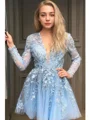A-line kjole V-hals Kort/Mini Blonder Motekjoler med Applikasjoner Blonder