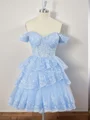 Ballkjole/Prinsesse Tyll Bare Skuldre Applikasjoner Blonder Korsett Kort/Mini Kjole