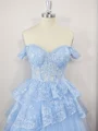 Ballkjole/Prinsesse Tyll Bare Skuldre Applikasjoner Blonder Korsett Kort/Mini Kjole