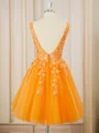 Ballkjole/Prinsesse Tyll V-hals Applikasjoner Blonder Kort/Mini Kjole