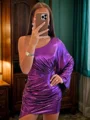 Sheath En skuldret Lange ermer Plissert Kort/Mini Metallic Satin Kjole