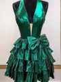 A-line kjole Halterneck Bue Kort/Mini Metallic Satin Kjole