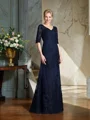 Sheath V-hals Gulvlengde Satin Brudens Mor Kjolees Med Applikasjoner Blonder