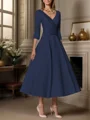 A-line kjole V-hals Trekvart ermer Plissert Te-Lengde Satin Brudens Mor Kjole