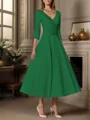 A-line kjole V-hals Trekvart ermer Plissert Te-Lengde Satin Brudens Mor Kjole