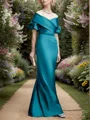 Sheath Bare Skuldre Kortermer Plissert Gulvlengde Satin Brudens Mor Kjole