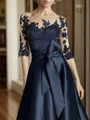 A-line kjole Illusion Trekvart ermer Bue Te-Lengde Satin Brudens Mor Kjole