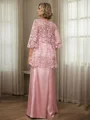 Sheath Scoop Trekvart ermer Applikasjoner Blonder Gulvlengde Silkeeaktig Sateng Brudens Mor Kjole