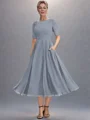 A-line Scoop Short Sleeves Appliques Lace Tea-Length Chiffon Mother of the Bride Dress