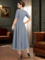 A-line Scoop Short Sleeves Appliques Lace Tea-Length Chiffon Mother of the Bride Dress