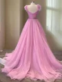 A-line kjole V-hals Sweep/Børste train Organza Ballkjole med Volanger