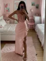 Sheath Spaghetti Applikasjoner Blonder Gulvlengde Strekk Crêpe Korsett Kjole