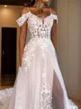 A-line kjole Spaghetti Kapell Slep Tyll Brudekjoleres med Benspalte