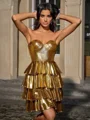 A-line kjole Sweetheart Brusende Volanger Kort/Mini Metallic Satin Kjole
