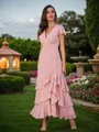 A-line kjole Chiffong Ruched V-Neck Kortermer Ankel-Lengde Brudepikekjoler