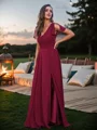 A-line kjole Chiffong Ruched V-Neck Kortermer Gulvlengde Brudepikekjoler