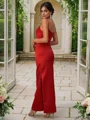Sheath Satin Ruched Spaghetti Ermeløs Ankel-Lengde Brudepikekjoler