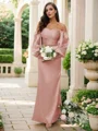 Sheath Silkeeaktig Sateng Ruched Bare Skuldre Lange ermer Gulvlengde Brudepikekjoler