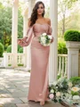 Sheath Silkeeaktig Sateng Ruched Bare Skuldre Lange ermer Gulvlengde Brudepikekjoler