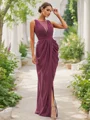 Sheath Chiffong Ruched Scoop Ermeløs Gulvlengde Brudepikekjoler
