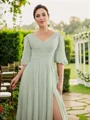 A-line kjole Chiffong Ruched V-hals Halvlang Gulvlengde Brudens Mor Kjole