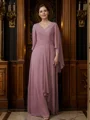 A-line kjole Chiffong Ruched V-hals Trekvart ermer Gulvlengde Brudens Mor Kjole