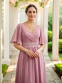 A-line kjole Chiffong Ruched V-hals Halvlang Gulvlengde Brudens Mor Kjole