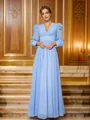 A-line kjole Chiffong Ruched V-hals Lange ermer Gulvlengde Kjoler