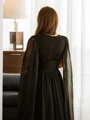 A-line kjole 30D Chiffongg Ruched V-hals Lange ermer Gulvlengde Kjoler