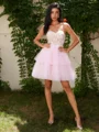 Ballkjole/Prinsesse Tyll Sweetheart Applikasjoner Blonder Korsett Kort/Mini Kjole