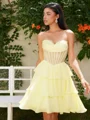 A-line kjole Sweetheart Brusende Volanger Kort/Mini Chiffong Korsett Kjole
