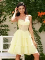 A-line kjole Sweetheart Brusende Volanger Kort/Mini Chiffong Korsett Kjole