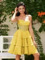 A-line kjole Sweetheart Brusende Volanger Kort/Mini Chiffong Korsett Kjole