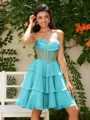 A-line kjole Sweetheart Brusende Volanger Kort/Mini Chiffong Korsett Kjole