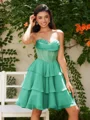 A-line kjole Sweetheart Brusende Volanger Kort/Mini Chiffong Korsett Kjole