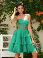 A-line kjole Sweetheart Brusende Volanger Kort/Mini Chiffong Korsett Kjole