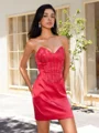 Sheath Sweetheart Applikasjoner Blonder Kort/Mini Elastisk Woven Sateng Korsett Kjole