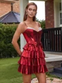 A-line kjole Spaghetti Brusende Volanger Kort/Mini Metallic Satin Korsett Kjole