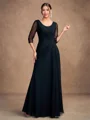 A-line kjole kjole Chiffong Ruched Scoop Trekvart ermer Gulvlengde Brudens Mor Kjole