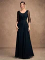 A-line kjole kjole Chiffong Ruched Scoop Trekvart ermer Gulvlengde Brudens Mor Kjole
